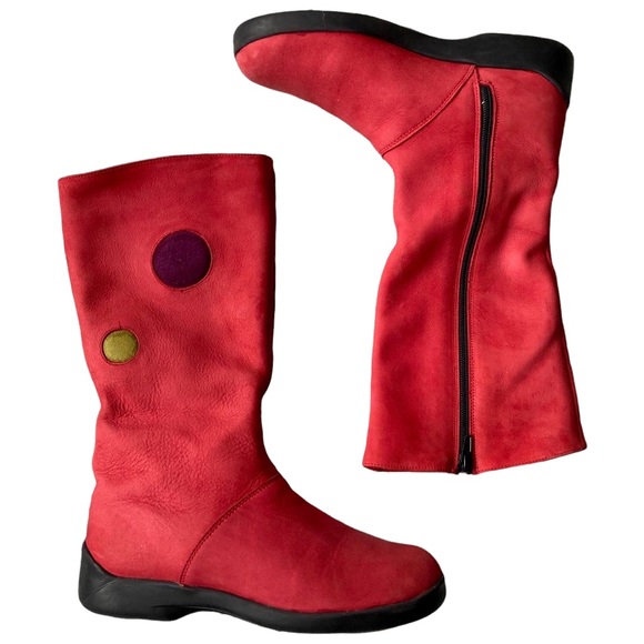 American Vintage Shoes - VTG 90s does 60s Red Leather Suede Gogo Boots with Bubble Design 🎨